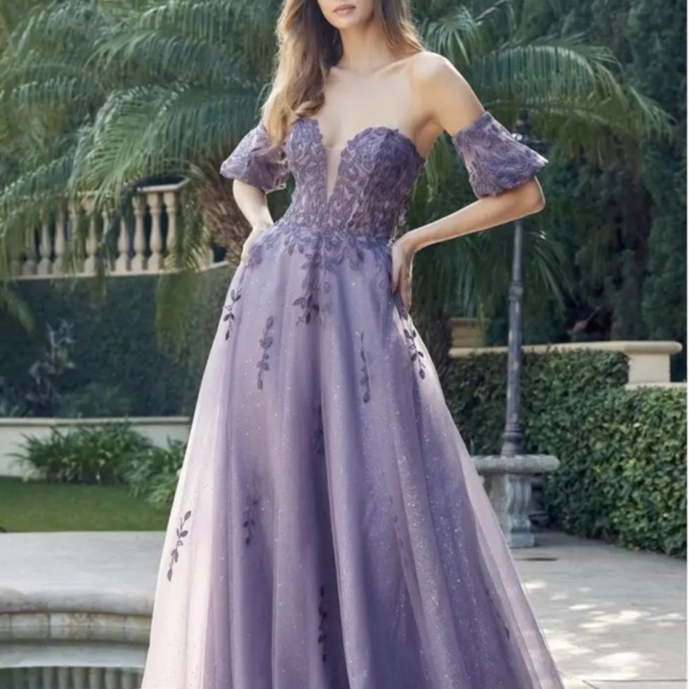 Dusty Purple Strapless Low V Corset Lace and Crystal Embellished Prom Gown
